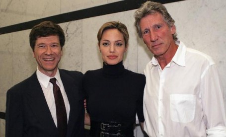 Jeffrey Sachs, an economist and professor at Columbia University, with Angelina Jolie and Roger Waters of Pink Floyd. (Business Journals)
