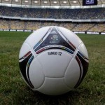 The 'Tango 12' official match ball is seen in Kiev's Olympic stadium (AP Photo/Efrem Lukatsky)