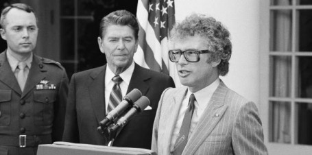 Canadian Ambassador Kenneth Taylor says a few words after he was presented the Congressional Gold Medal by President Ronald Reagan, June, 1981. (AP Photo/ Barry Thumma)